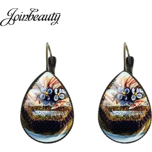 JOINBEAUTY Beehive Cake Flower Photo Water Earrings Antique Jewelry Tear-drop Ear Clip Earrings Vintage Women Accessories FD59