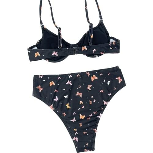 Hirigin New 2 Pcs Women Sexy Bathing Suits Adults Underwired Padded Butterfly Print Bikini Bra And High Waist Swimming Bottoms