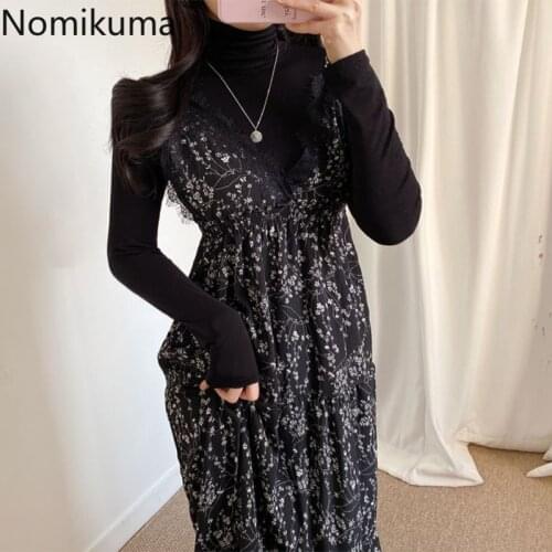 Nomikuma Lace Patchwork Spaghetti Strap Dress Women Slim Waist Vintage Floral Printed Dresses Female Korean Style Vestidos Mujer