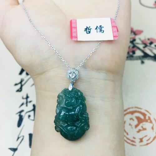 Natural Burmese Emerald jade carving oil Qing Zodiao Tiger Pendant with 925 sterling silver necklace Ms. jade clavicle chain