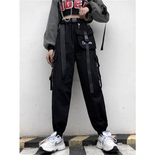 Fashion Autumn Black Pants Women Loose Hip Hop Pants Ribbon Buckle Overalls Womens Pants Streetwear High Street Punk Pants Girls