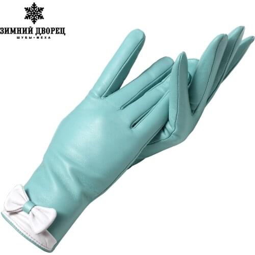 Genuine Leather glove gloves female Fashion leather gloves warm winter Popular style gloves women Popular Light blue