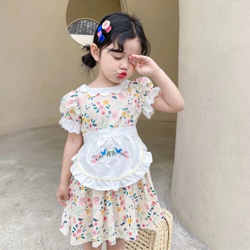New 2021 Summer Girls Fashion Floral Dress with Apron Kids Korean Design Cotton Dress Kids Clothes