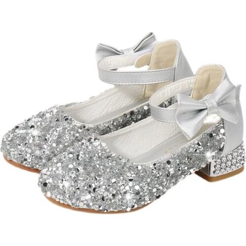 Girls Princess Shoes Kids Crystal Leather Shoes 2021 Spring New Childrens Single High Heel Shoes Bow-knot Silver 26-38