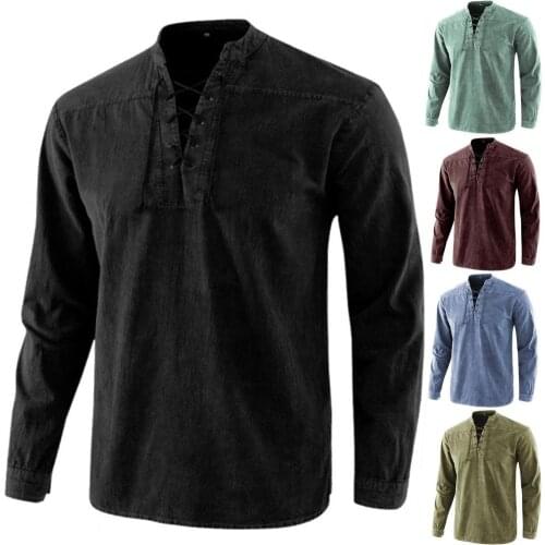 Solid Color t shirt for Men Casual Long Sleeve Tees Tops Men Vintage Lace Up Stand collar T-shirt Pullovers Tops mens Clothing
