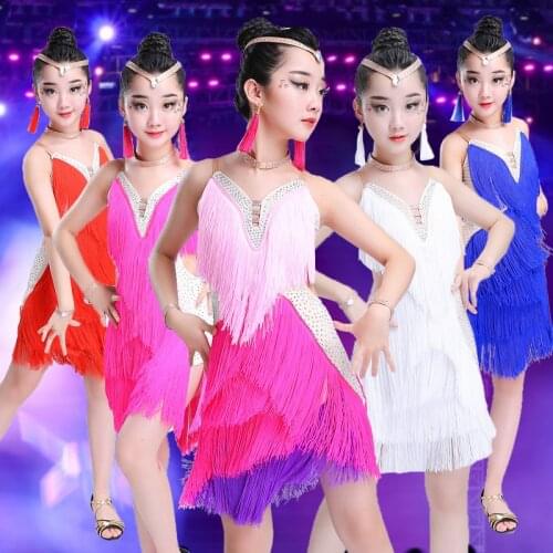 Girls Latin Dance Dress White Tassel Latin Ballroom Costumes Tango Samba Dance Dress Ballroom Fringe Dress Cha Cha Costumes