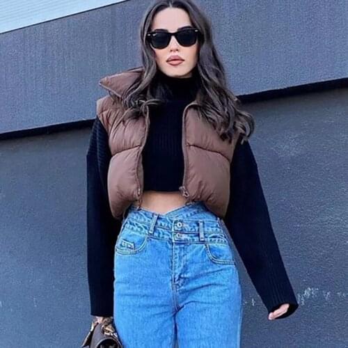 Women Casual High Collar Za Coffee Color Short Parkas Outwear Chic Lady Fashion Zippers Sleeveless Jackets Vest