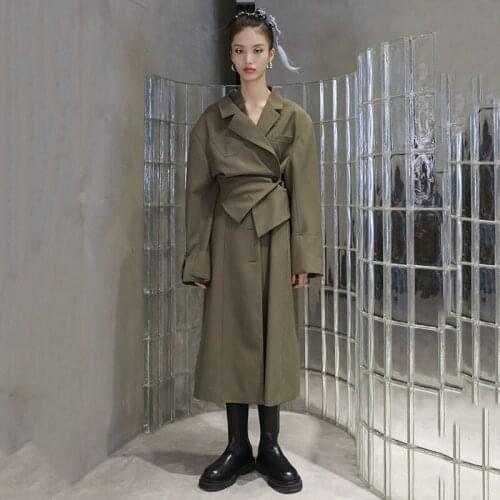 SeeBeautiful Removable Loose Trench Coat Lapel Long Sleeve Button Overknee Windbreaker New Fashion 2021 Spring Women E094
