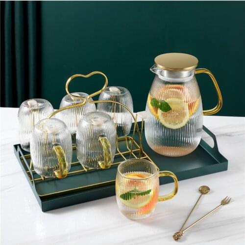 2.1L Glass Teapot Big Transparent Borosilicate Heat-Resistant Water Jug Golden Lid Ice Silk Glass Cold Kettle Home Juice Pitcher
