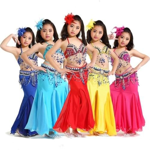 2018 New Children Belly Dance Clothes 3-piece Oriental Outfit Belly Dance Costume Set Competition Fishtai Skirts #865-1