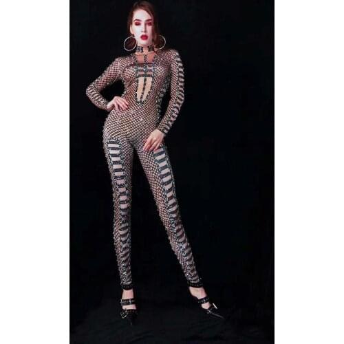 2020 Women New Bright Black Rhinestones Sexy Jumpsuit Bar Nightclub Outfit Singer Dance Prom Clothes Leggings Bodysuit Outfit
