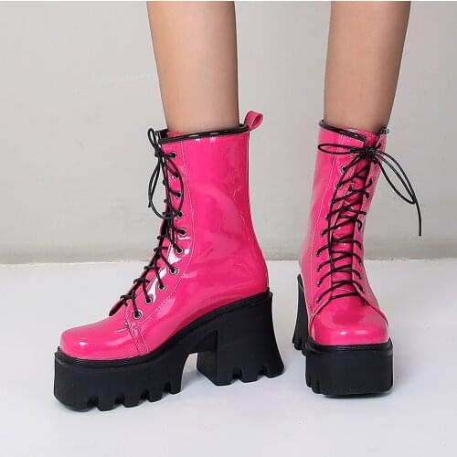 2021 New Bright Patent Leather Street Fashion Style Martin Boots With Cross Straps Super Thick And High Rose Red Mid-Calf Boots