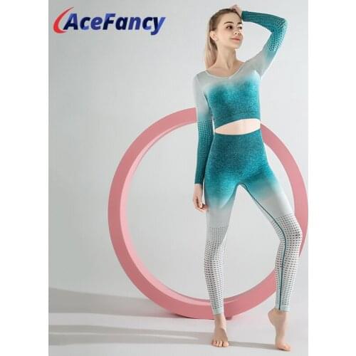 Acefancy Energy Women Yoga Set T6090 Ombre Long Sleeve Crop Top High Wasit Leggings Seamless Yoga Set Yoga Set Fitness Clothing