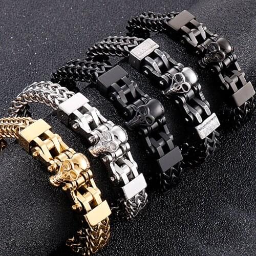 Stainless Steel Gothic Mens Bracelets With Skull Head Double Layer Franco Link Curb Chain Bracelet Men Jewelry With Gift Bag