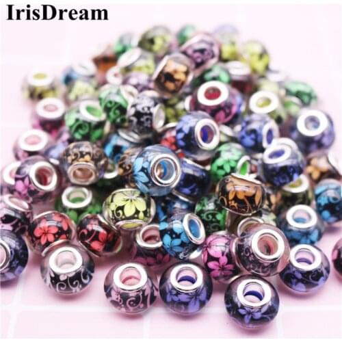 10Pcs/Lot 14MM Round Loose Flower Resin Murano Spacer Beads Fit Pandora Charms Original Bracelets Jewelry for Women Girls Gift