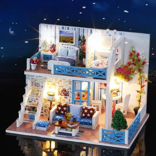 3D DIY Hut Toys Lighting Seaview House Villa Model Kids Adults Assembly Toy Wooden Doll Houses Miniature DIY cabin