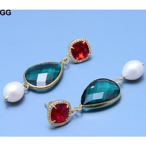 GuaiGuai Jewelry Natural Cultured White Rice Pearl Green Crystal Connector Red Crystal CZ Stud Earrings For Women Girl Gifts