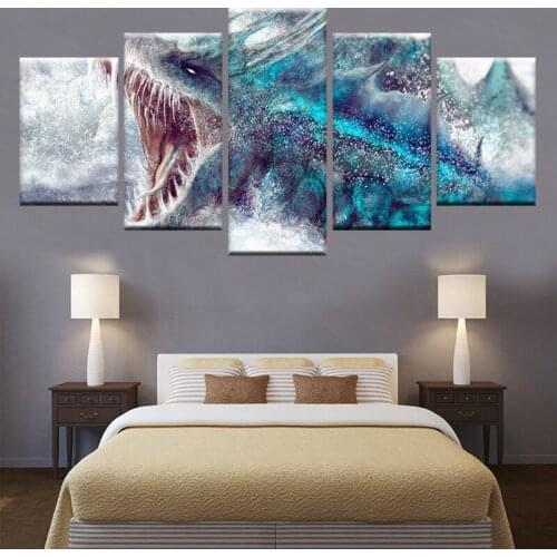 HD Print Sea Ferocious Dragon Picture Nordic Poster Canvas Painting Wall Art 5 Panel Modular Wall Decorative Art Picture