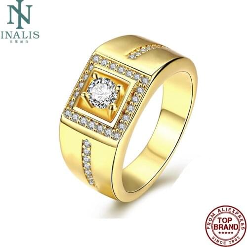 INALIS Rings For Men Gold Plated Inlay Geometric Cubic Zirconia Rings Simple Gentleman Style Engagement Wedding Fashion Jewelry