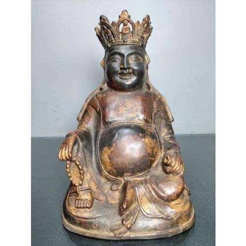 9"Chinese temple collection Old Bronze Cinnabar Lacquer Northern Wei Buddha Maitreya Big belly buddha Enshrine the Buddha
