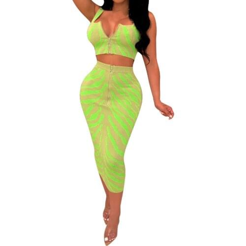 Two Pieces Sets Retro Printed Slim Dress Sexy Hollow Out Sleeveless Summer with Zipper Women Celebrity Party Dress Vestido Festa