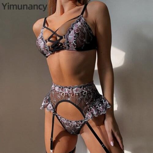 Yimunancy 3 Piece Bra Set Women Embrodiery Transparent Bra + Floral Panty Heart Pattern Sexy Lingerie Set