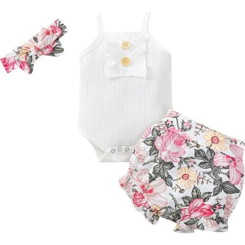 Summer Baby Girls Knitted 3pcs Outwear Clothes Sets Sleeveless Romper + Printed Pattern Shorts + Headwear Infant Kids Outwear