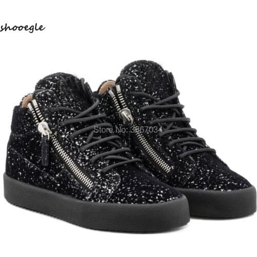 SHOOEGLE Party Prom Shoes Men Glitter Sneakers High-Top Ankle Boots Thick Flats Bling Casual Shoes Zipper Trainers Male Shoes