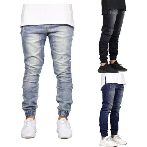 Mens Denim Jeans Stretch Cuffed Hem Jogger Slim Ripped Designer Skinny New
