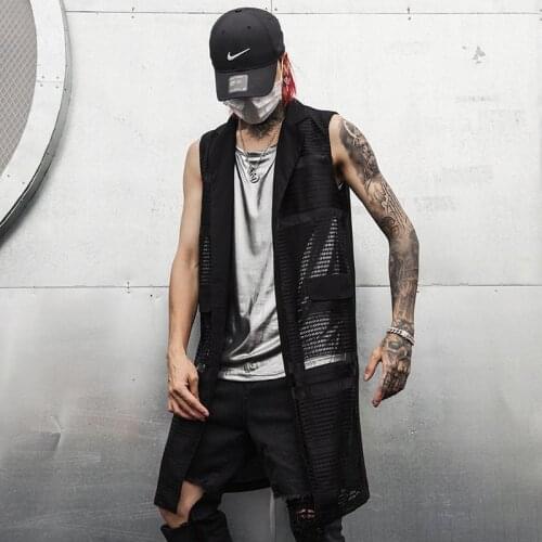 Men summer hollow out patchwork punk long vest vintage casual sleeveless jacket male hip hop nightclub DJ singer stage costume