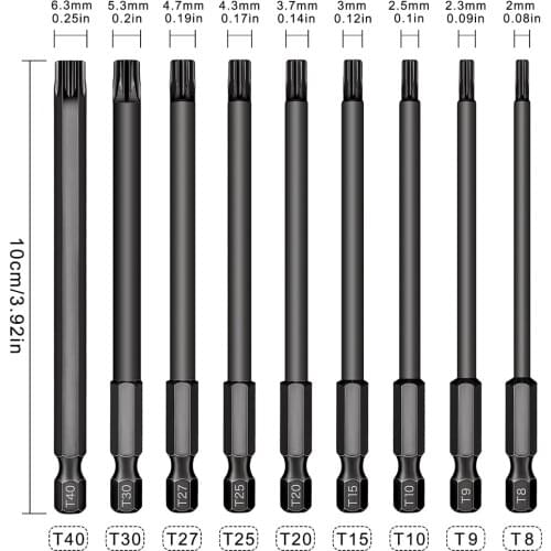 100mm/150mm Torx Screwdriver Bits with Hole Black Blue Coated Torx Head Hex Bit Set with Magnetic Tip S2 Steel Security Torx Bit