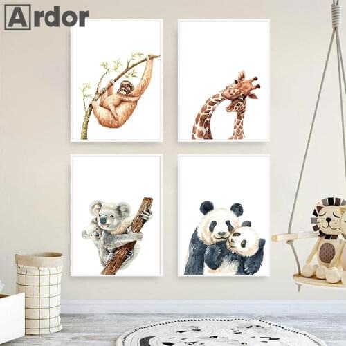 Monkey Giraffe Raccoon Panda Wall Art Poster Bole Leaf Plant Art Print Parent-child Canvas Painting Abstract Kid Baby Room Decor