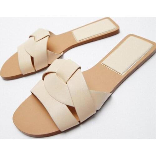 Womens Shoes Summer New Round Toe Cross Flat Sandals Fashion All-Match Open-Toed Flat-Heel Slippers Womens Outer Wear on