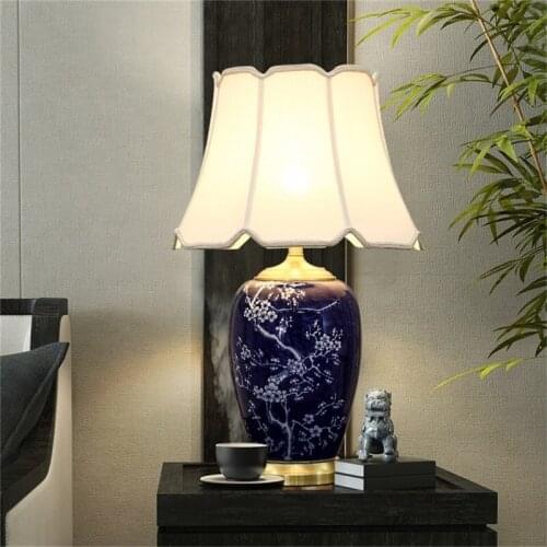 SAROK LED Table Lamp Blue Ceramic Copper Luxury Desk Light Fabric Bedside Decorative for Home Dining Room Bedroom Office