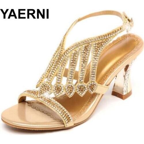 YAERNI Sexy rhinestone sandals women high heel shoes genuine leather shoes fashion sandals rough with Roman women sandals E569