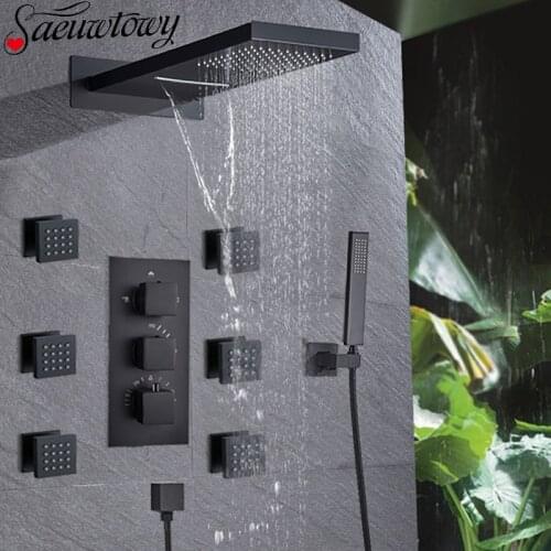 Thermostatic Black/Chrome Rain Shower Faucet Back Massage Shower Faucet Set Conceal Shower Set Bathroom Shower Waterfall Taps