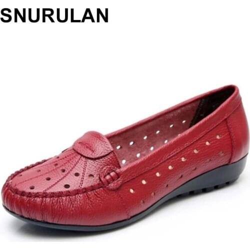 SNURULAN New Spring Top Cowhide Hollow Breathable Leather Shoes Fashion Casual Shoes Soft Comfort Flat Shoes Women Shoes Large
