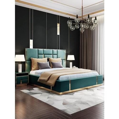 Modern light luxury leather bed double deluxe simple model room furniture small family main bedroom leather wedding bed