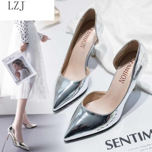 Women Pumps Mid Heel Pump Ladies Pointed Toe Casual Shoes Sandals High Heels Wedding Sexy Pumps Gold silver Zapatos Mujer 8cm A8