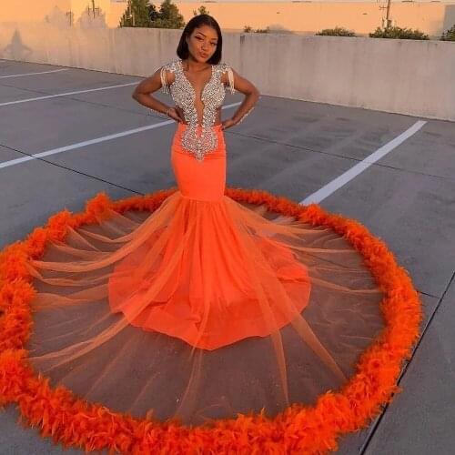 African Girl Long Sleeves Prom Dresses 2021 Stunning Beaded See Through Top Orange Mermaid Long Prom Dress With Feathers
