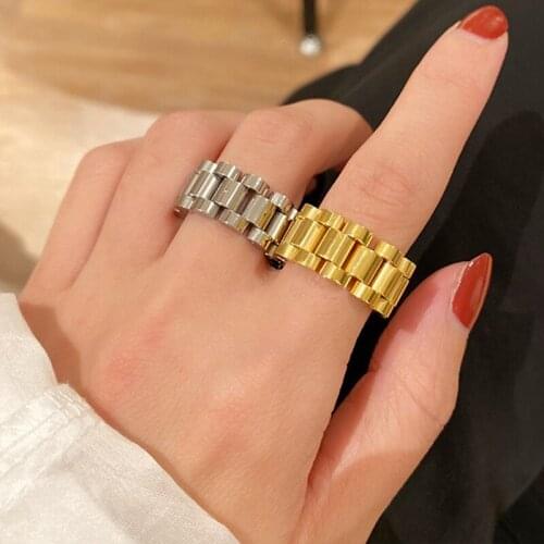 Top Quality Size 6-12 HipHop Watch Desgin Band Ring Mens Women Stainless Steel Gold Color Watchband Link Style Rings Jewlery