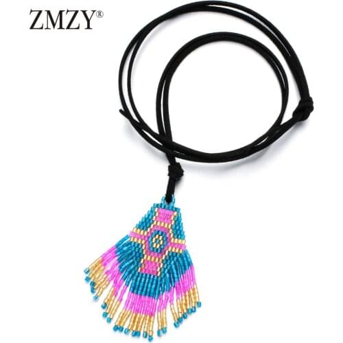 ZMZY Boho Jewelry Statement Rope Chain Colorful Miyuki Seed Beads Tassel Pendant Necklace Women Bohemian Ethnic Long Necklace
