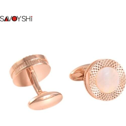 SAVOYSHI Luxury Round Shell Cufflinks for Mens High Quality Rose gold plated Cuff links Wedding Grooms Gift Free engraving name