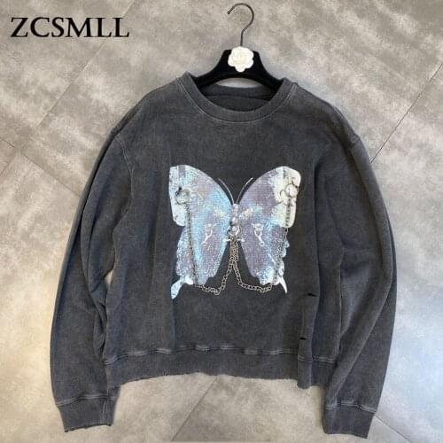 ZCSMLL 2021 Autumn Round Neck Long Sleeve Women Tops Iron Ring Chain Butterfly Pattern Vintage Streetwear Sweatshirts Trend