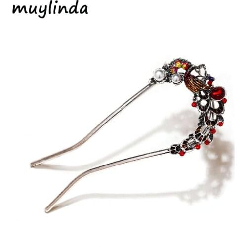 Muylinda Chinese Style U Shape Enamel Peacock Hair Pin Stick Women Banquet Party Rhinestone Hairpins Jewelry