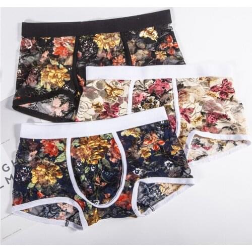 3PCS New Sexy Lace Boxer Lingerie Men Underwear Breathable Floral Men Boxers Hombre Male Calzoncillo Cueca Masculina Boxershorts