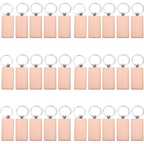 30Pcs Blank Rectangle Wooden Key Chain Diy Wood Keychains Key Tags Can Engrave Diy Gifts