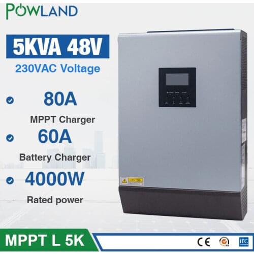 5KVA Solar Hybrid inverter 4000W 48Vdc to 230Vac Pure sine wave 50/60HZ with 48V 80A MPPT Solar Charger and 60A AC charger