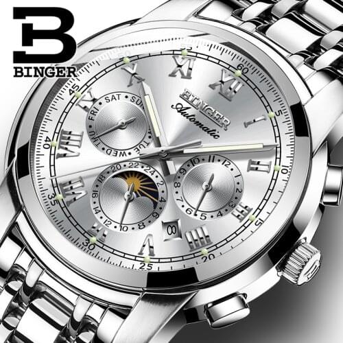 Switzerland Luxury Brand BINGER Mens Watches Sapphire Waterproof Automatic Mechanical Watch Multi-function Moon Phase B1178-4