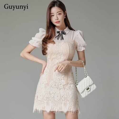 Elegant Floral Lace Dress 2021 Summer Simple MIni Dress Chiffon Stitching Doll Collar Puff Sleeves High Waist Party Dress Women